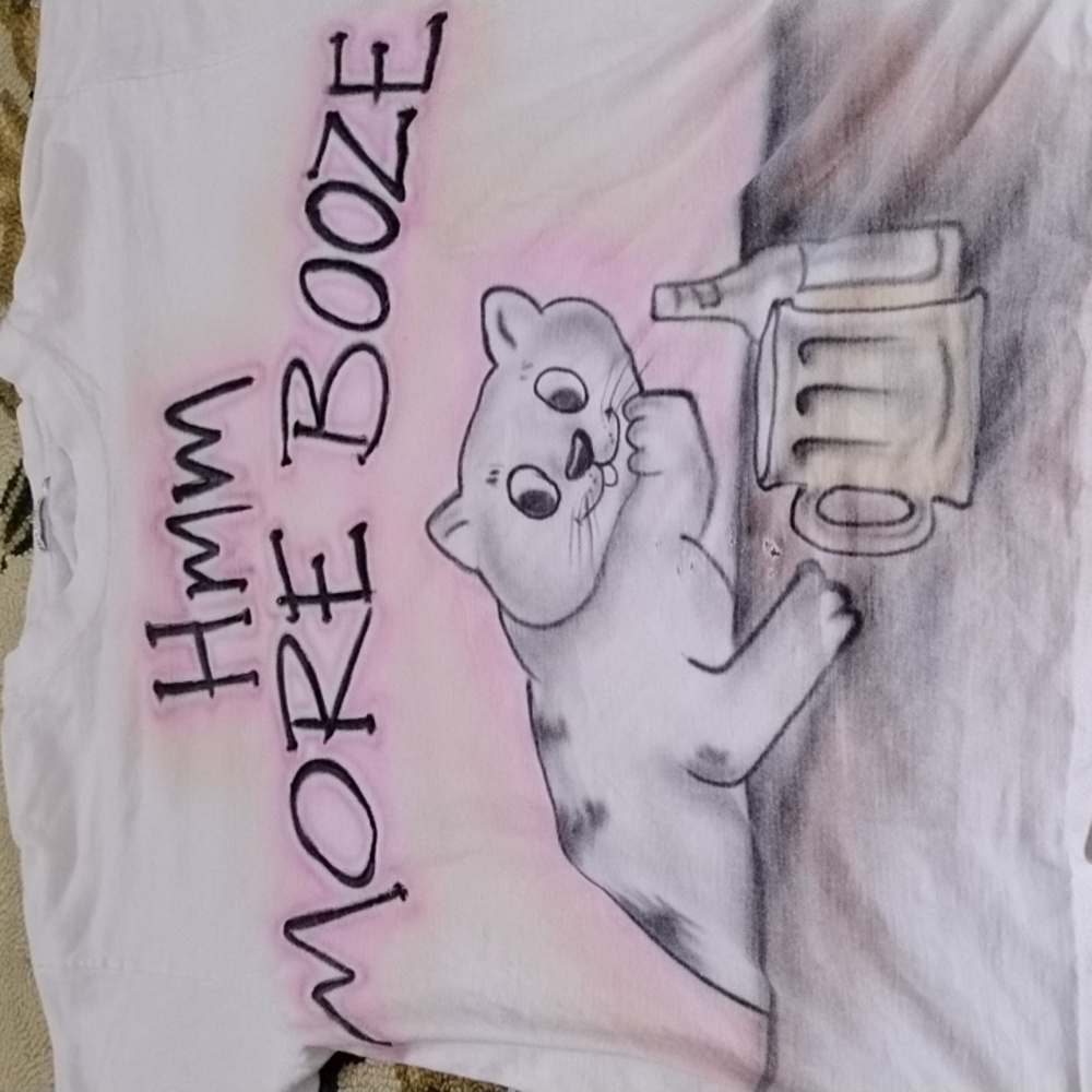 Men's White Vintage XL Airbrush Painted Cat Hmm More Booze Shirt Vintage